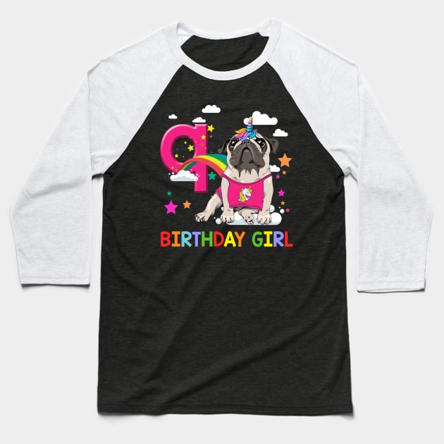 Pug Birthday - 9 Years Old Unicorn Pugicorn Party Baseball T-Shirt by martinyualiso